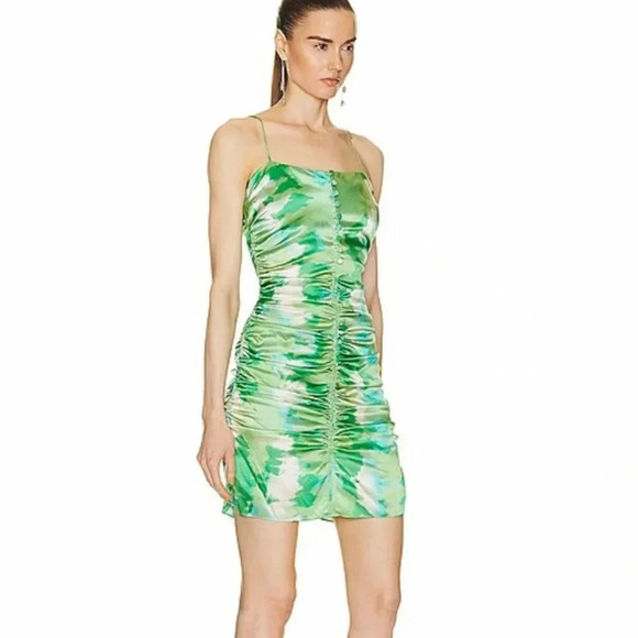 GANNI Silk Stretch Satin Ruched Mini Dress Lily Green Size 34 or US XS NWT - Picture 12 of 12